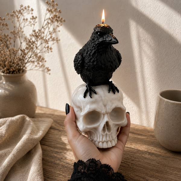 A black raven candle perched on top of an off-white skull, held in a hand over a wooden table with dried flowers and a ceramic mug in the background.