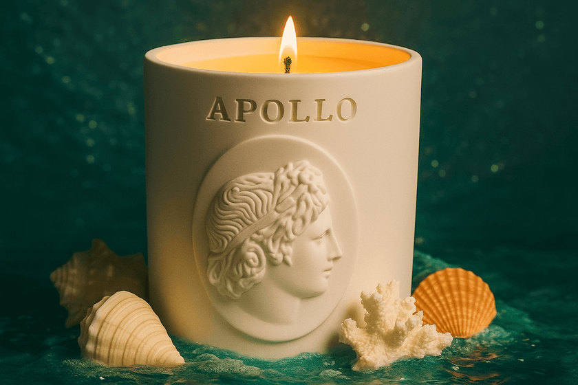 White Apollo-themed candle with an embossed profile of the Greek god, surrounded by seashells and coral on a teal surface.
