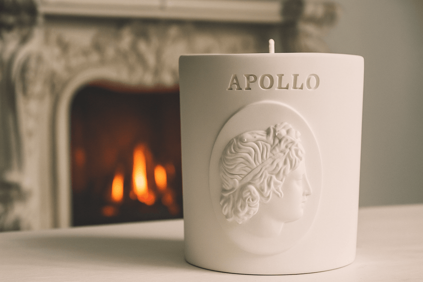 Apollo eco resin candle with Black Coral and Moss scent on table
