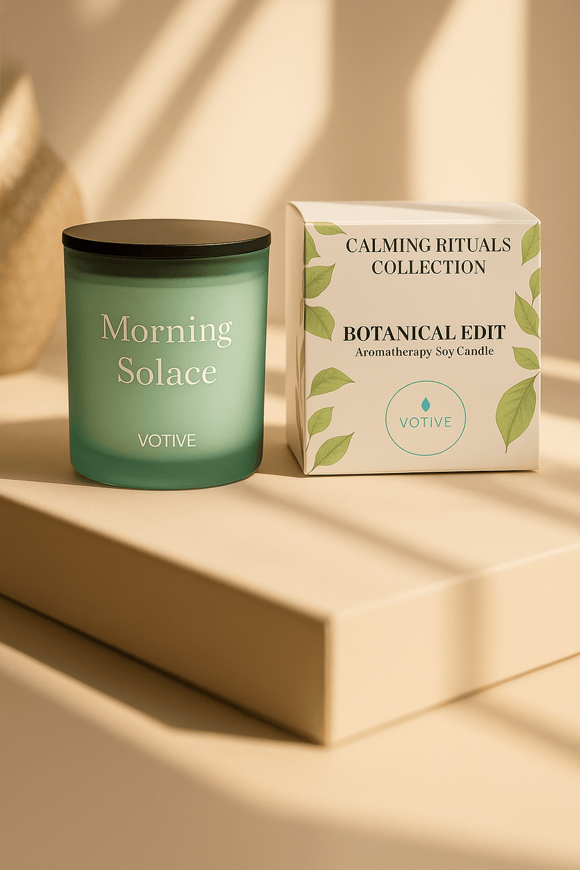 Aromatherapy soy candle with geranium, lemon, and vanilla in frosted green jar – Morning Solace by Votive
