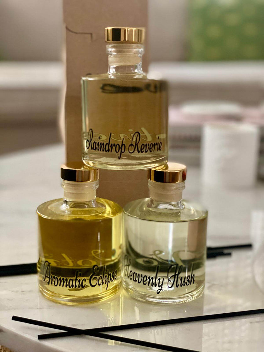 Aromatic Eclipse reed diffuser with bergamot, beechwood, jasmine sandalwood, elegant transparent glass