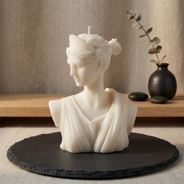 Artemis moon goddess candle – sculptural soy wax bust, ivory, front view