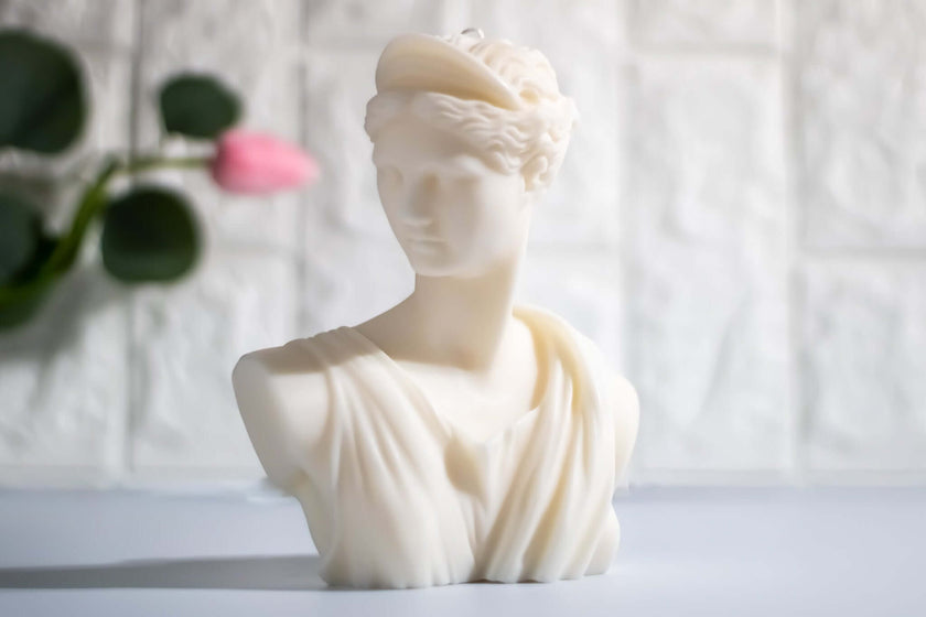 Close-up of the Artemis bust candle, showcasing intricate details and a smooth, elegant wax finish.