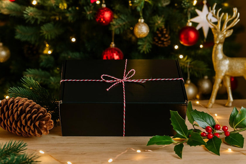 Black gift box with pink ribbon in front of a decorated Christmas tree