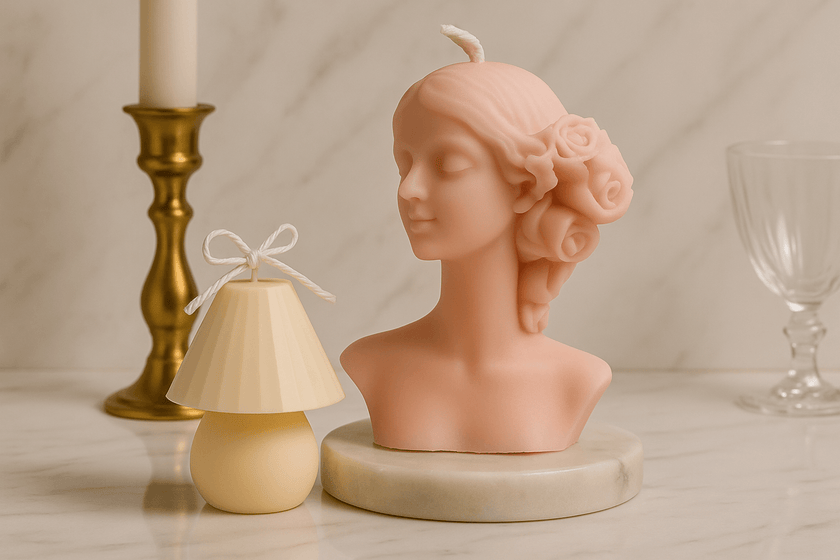 Woman bust sculptural candle with mushroom lamp candle and gold candlestick décor