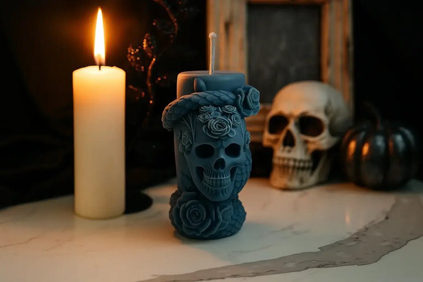 Blue skull-shaped candle with a white candle and decorative elements on a dark background