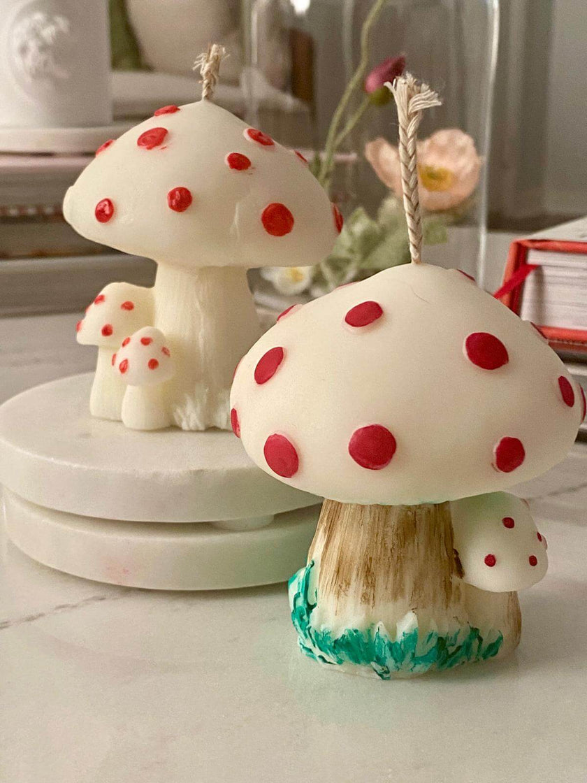 Artistic soy wax candle styled as a toadstool, handmade in Florida and finished with wax-based detailing.