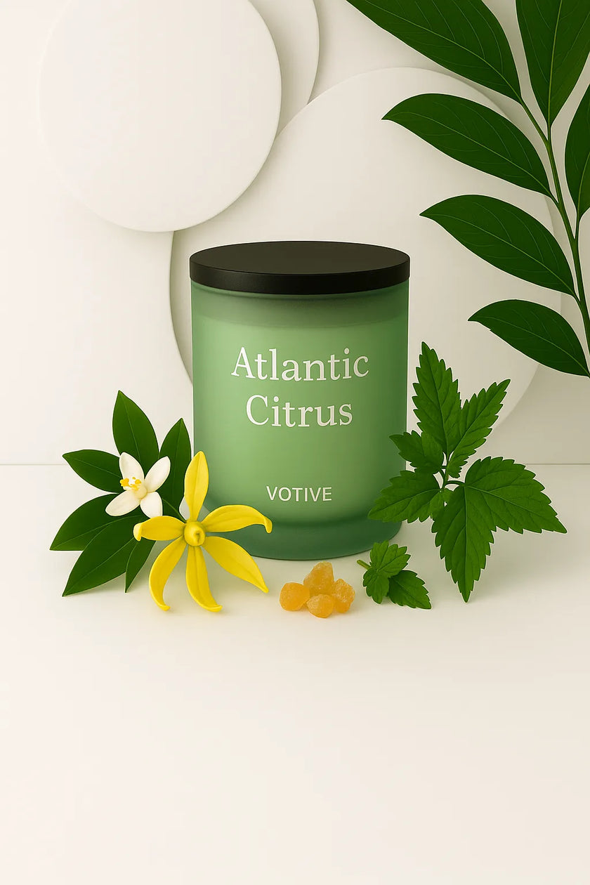  Eco-friendly Atlantic Citrus soy candle infused with sweet orange, Sicilian bergamot, and lavender essential oils, hand-poured for natural aromatherapy and uplifting home décor.