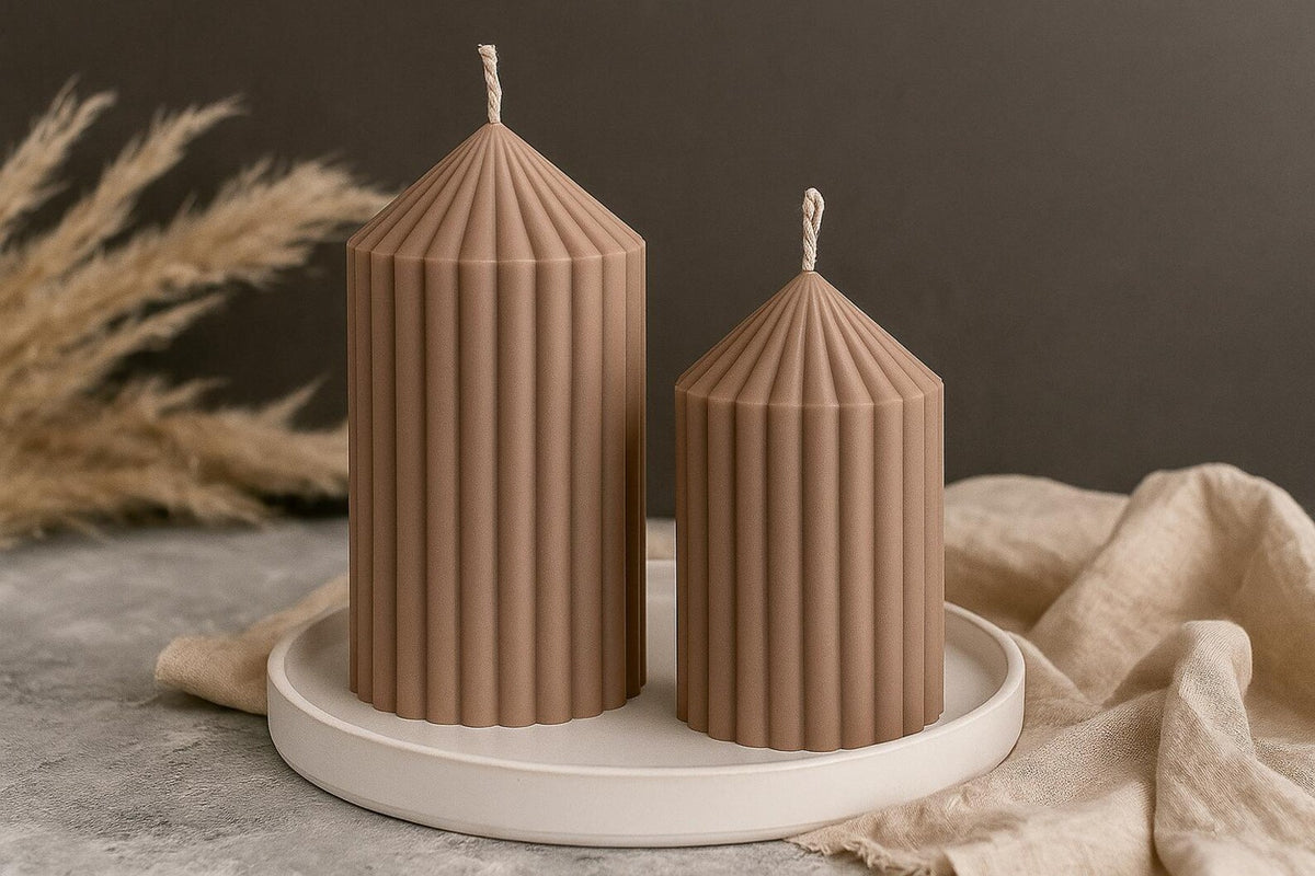 Elegant Cylindrical Pillar Knot Ribbed Candle Set of 2 soy wax candle — unlit display