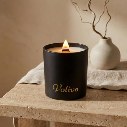 Black Glass Jar Candle, Wooden Wick Crackling Candle