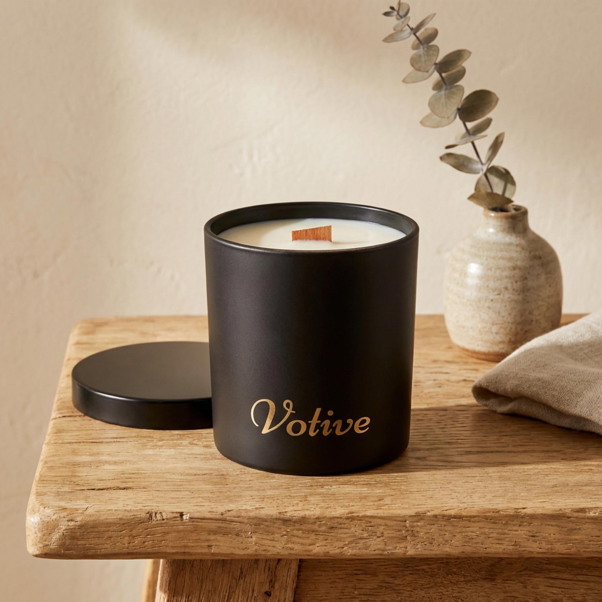 Black Glass Jar Candle, Wooden Wick Crackling Candle