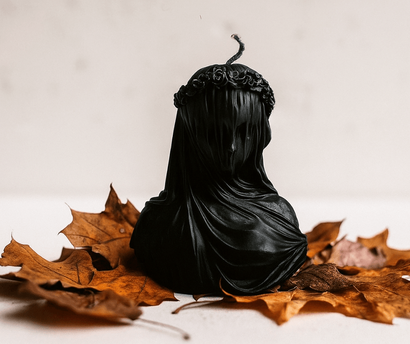Black Halloween art candle, soy wax veiled woman sculpture for gothic and spooky home styling
