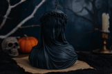 Black Halloween soy wax candle shaped as a gothic veiled woman sculpture, perfect spooky season décor