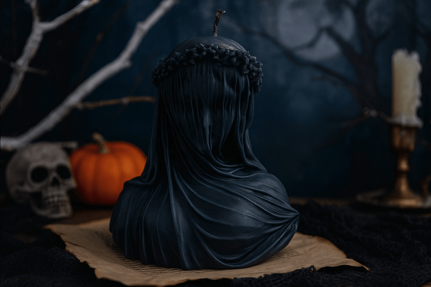 Black Halloween soy wax candle shaped as a gothic veiled woman sculpture, perfect spooky season décor