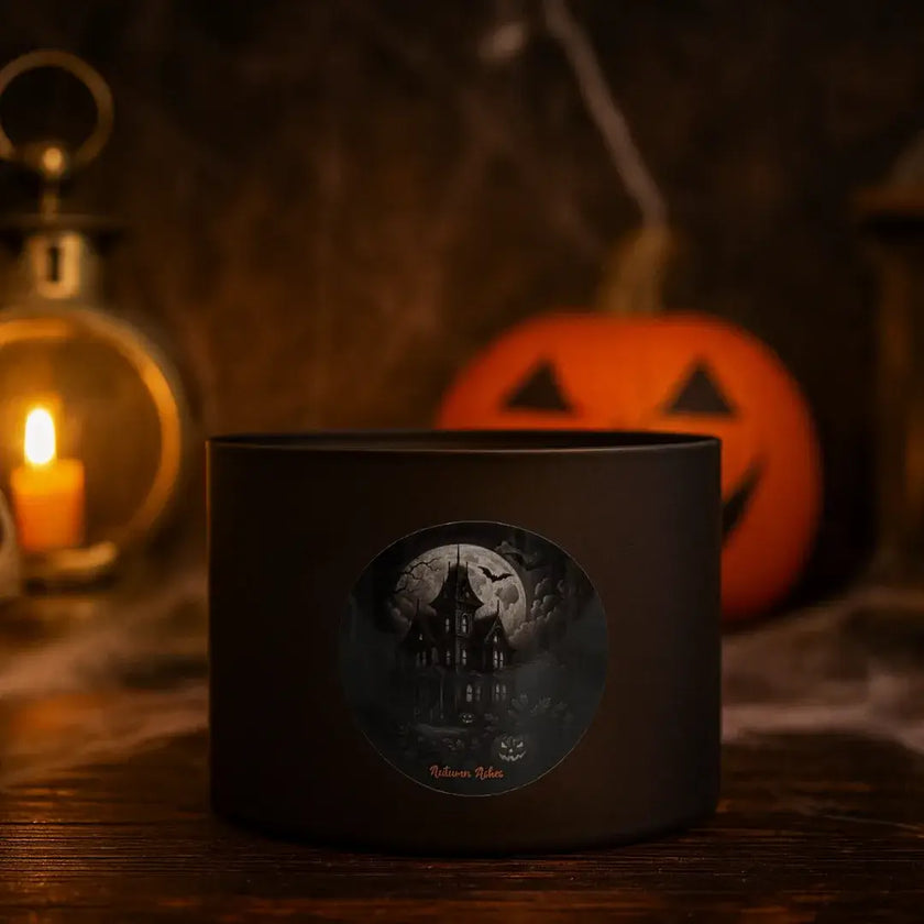 Black candle with a Halloween design in front of a pumpkin and lantern