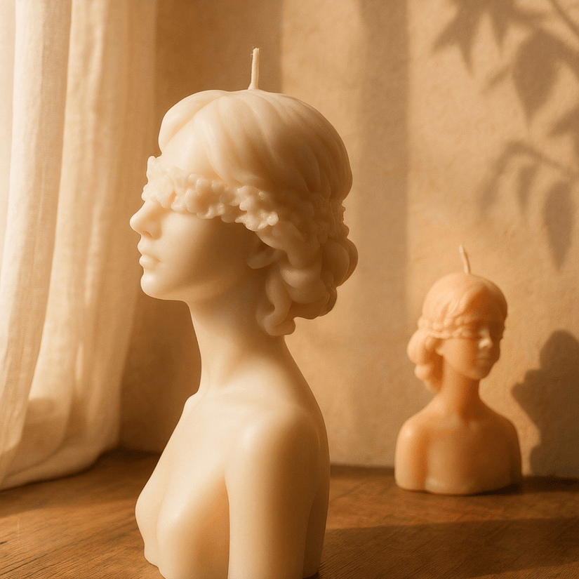Blindfold woman candle – sculptural soy wax bust for elegant and mysterious decor.