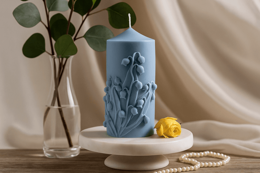 Blue floral candle on a white pedestal with a vase of green leaves and yellow flower in the background.