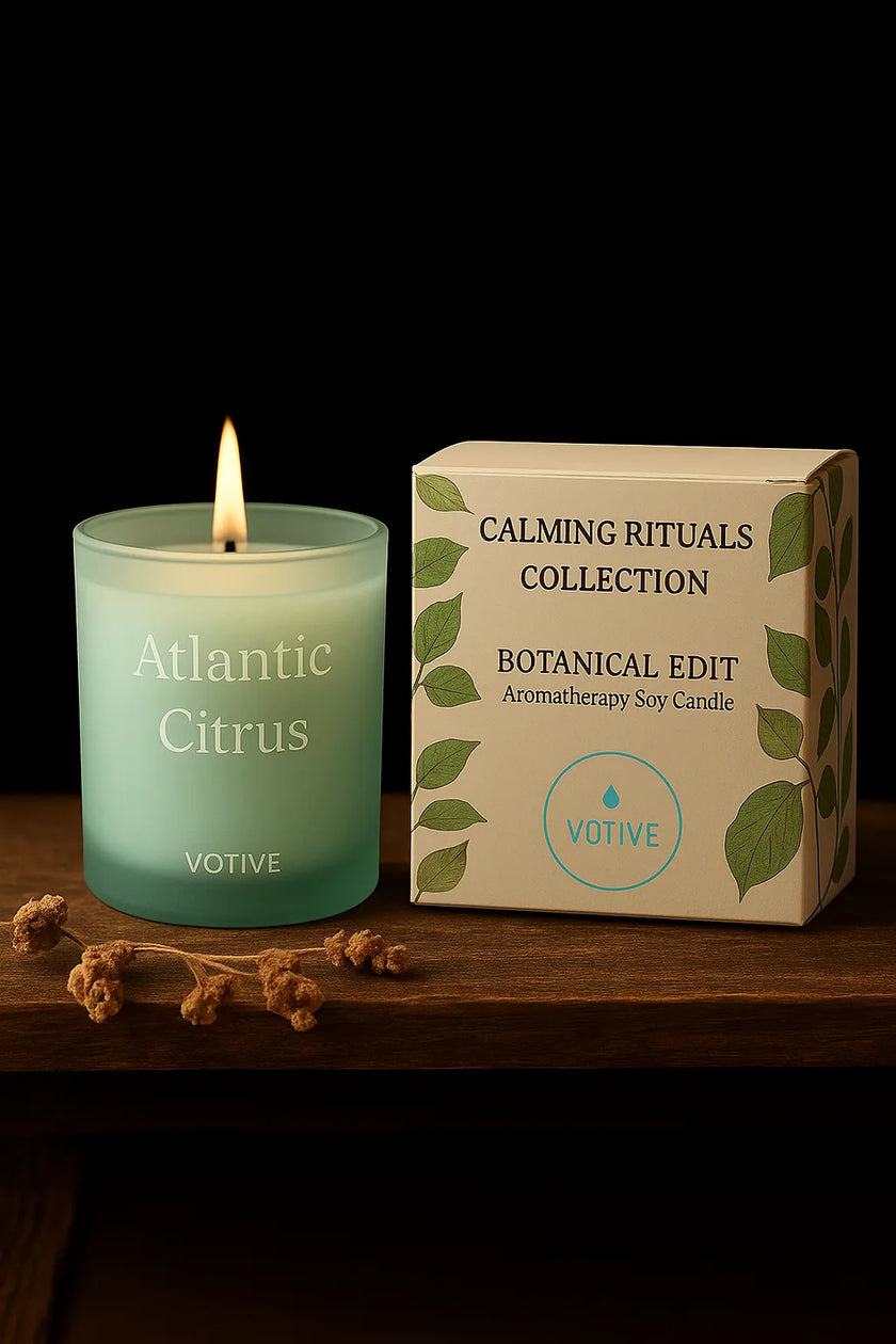 Atlantic Citrus botanical soy candle with eco-friendly packaging, blended with sweet orange, Sicilian bergamot, and lavender oils for uplifting home aromatherapy.
