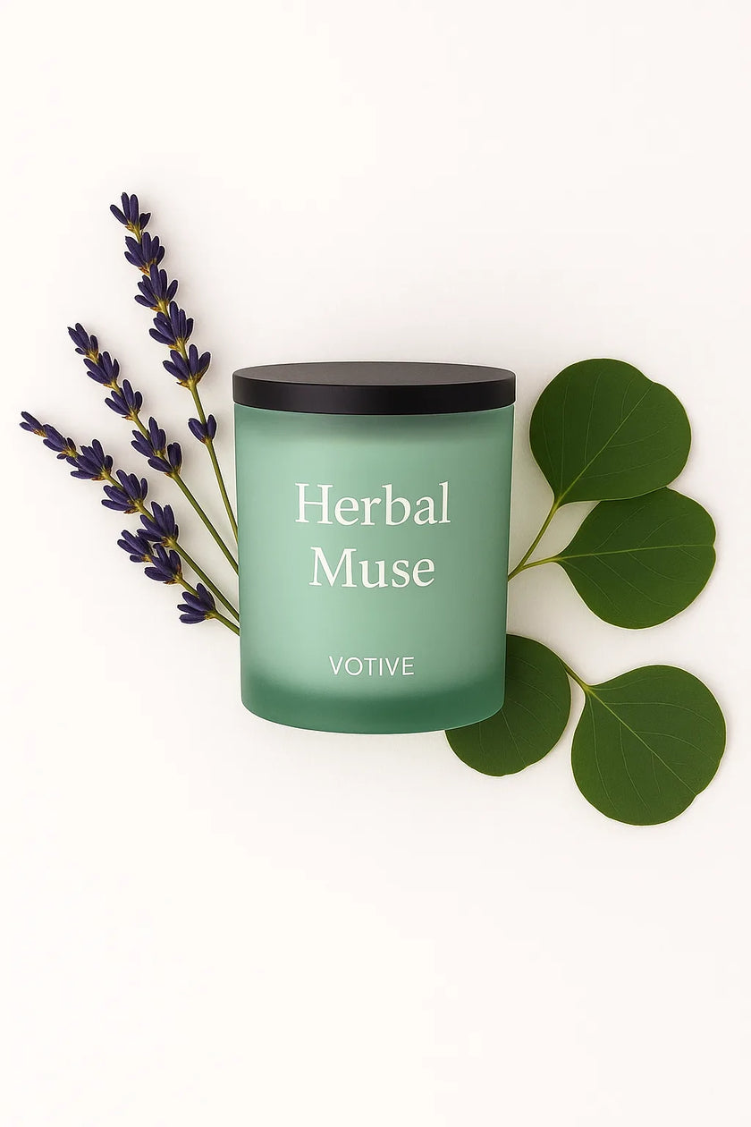 Botanical green soy candle with herbal aromatherapy scents, ideal for natural living and home décor lovers.