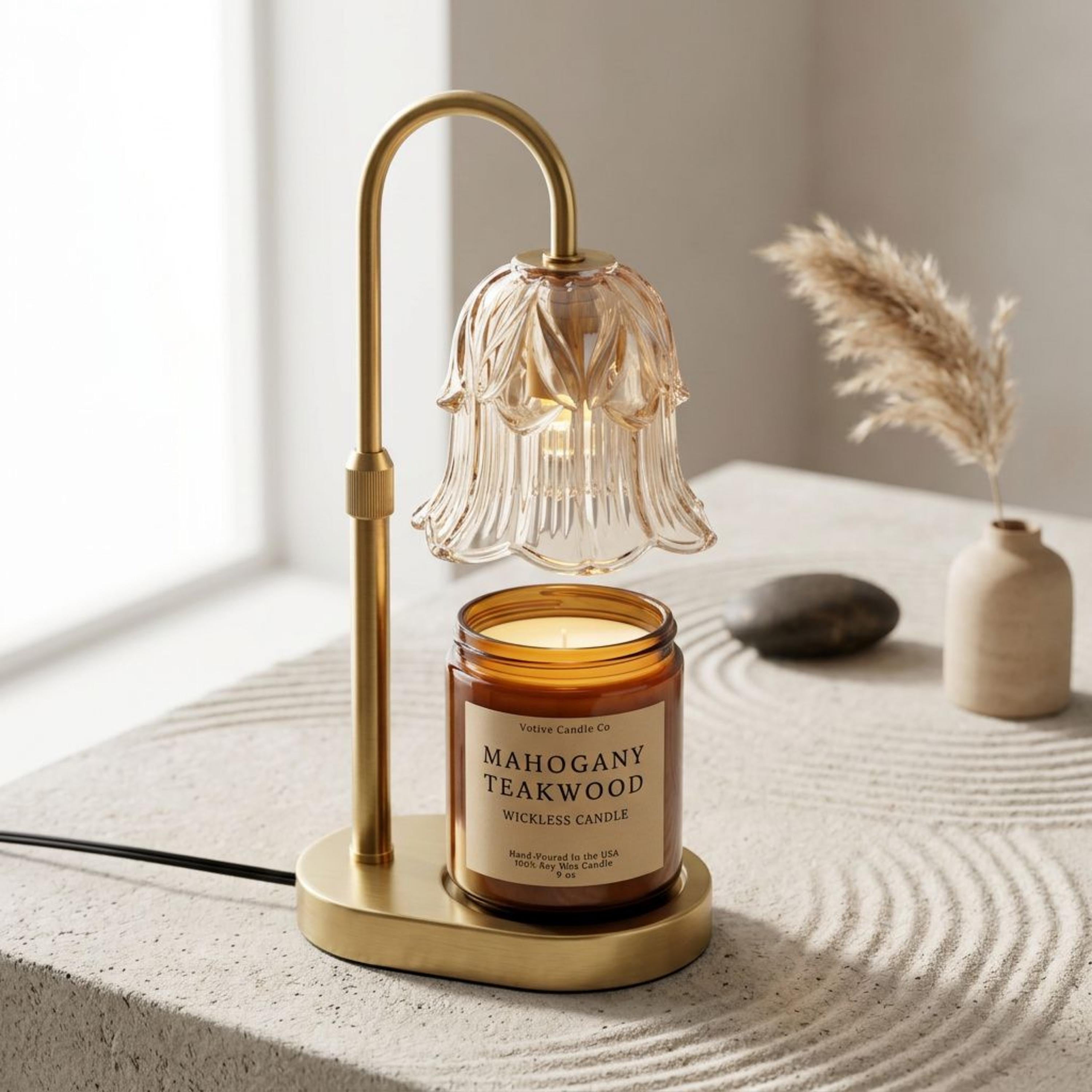 Adjustable Height Candle Warmer Lamp — Brass Arch with Fluted Glass Shade