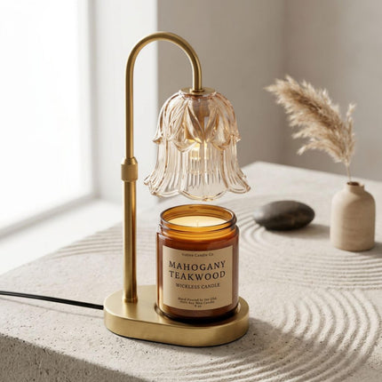 Adjustable Height Candle Warmer Lamp — Brass Arch with Fluted Glass Shade