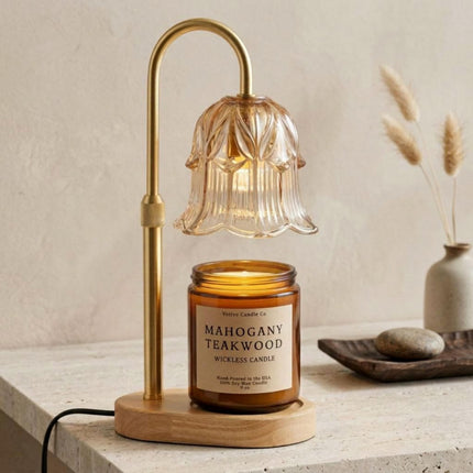 Adjustable Height Candle Warmer Lamp — Brass Arch with Fluted Glass Shade