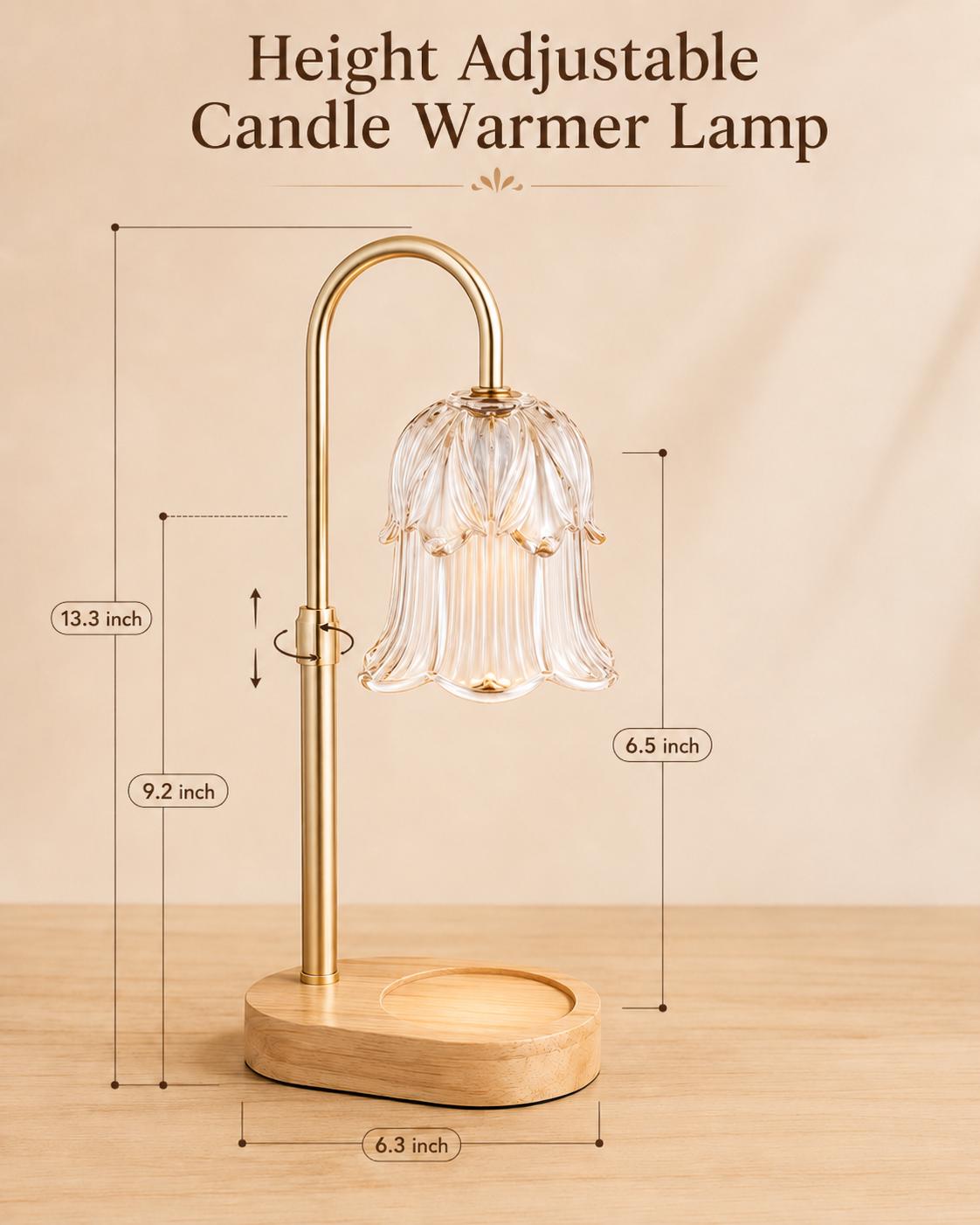 Adjustable Height Candle Warmer Lamp — Brass Arch with Fluted Glass Shade