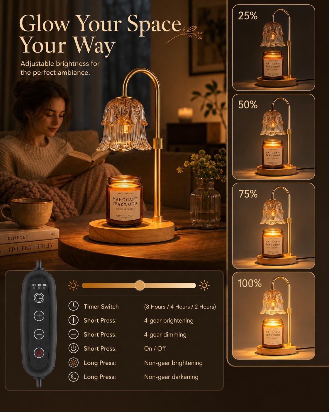 Adjustable Height Candle Warmer Lamp — Brass Arch with Fluted Glass Shade