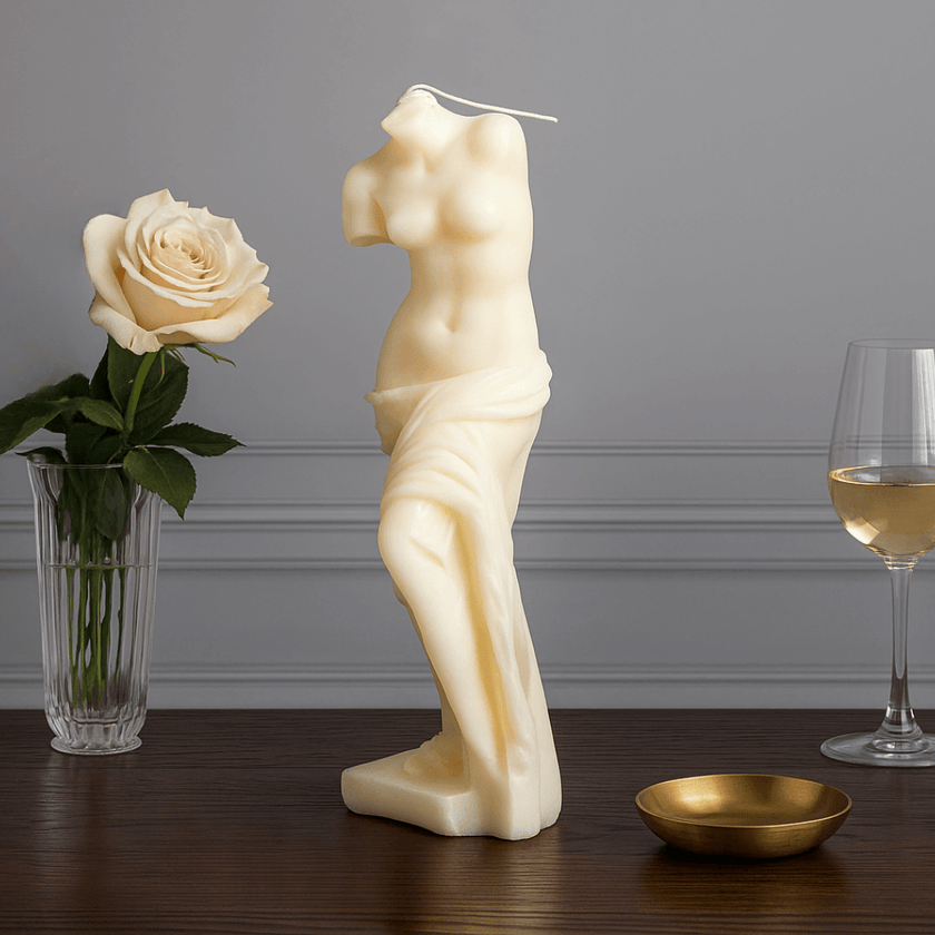 Candle shaped like a classical statue on a table with flowers and a glass of wine.