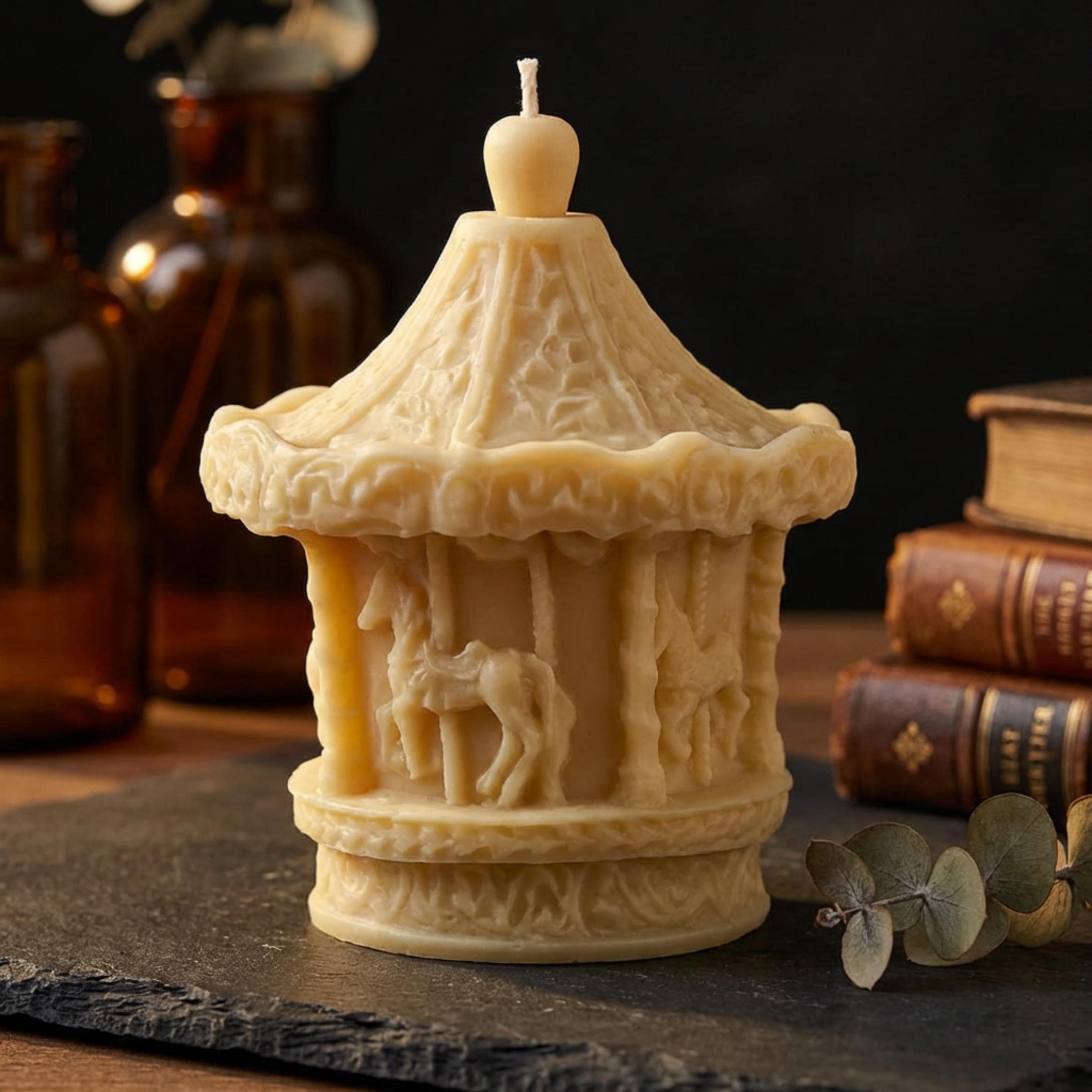 Carousel Candle: Handmade Soy Wax Pillar, Home Decor – detail view