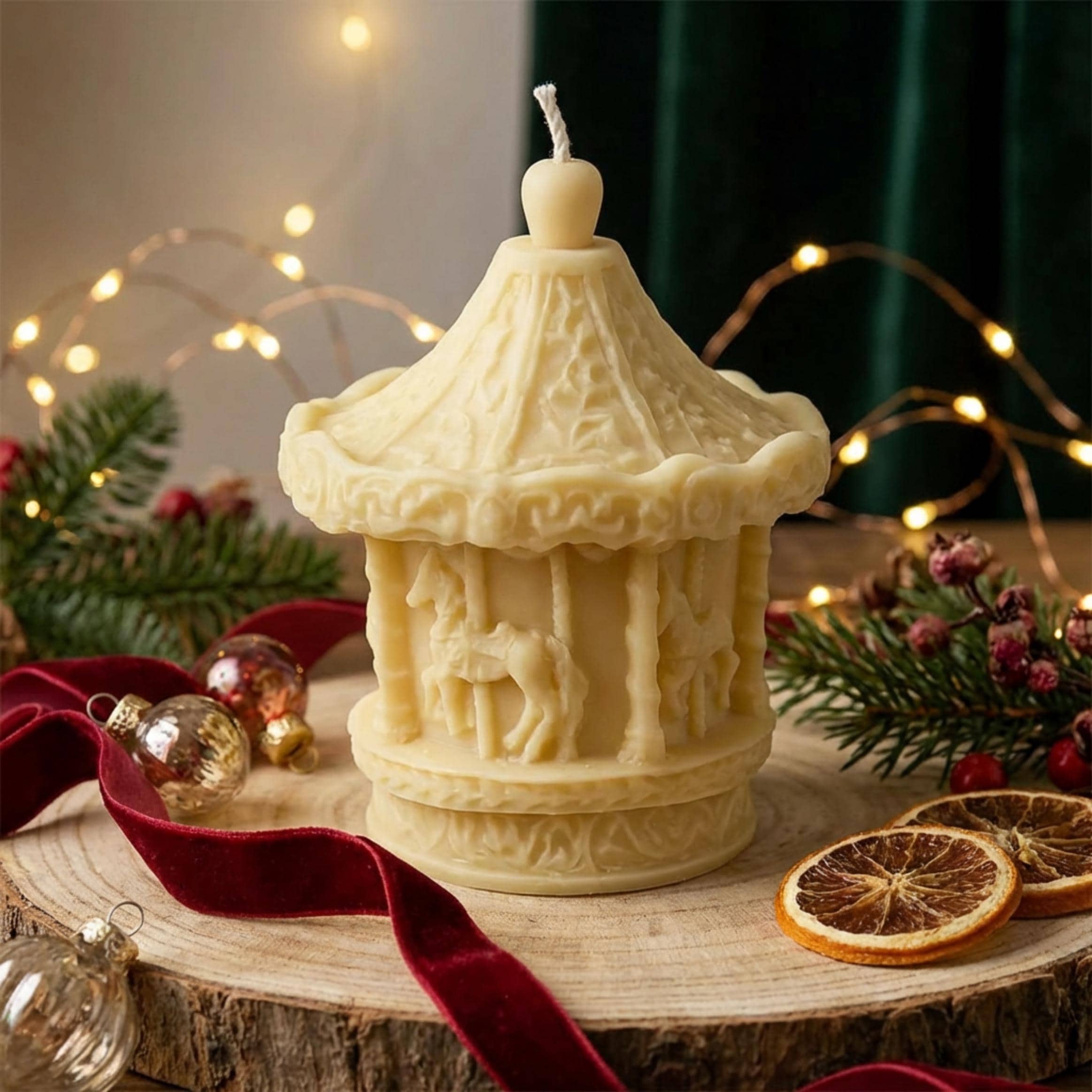 Carousel Candle: Handmade Soy Wax Pillar, Home Decor – lifestyle view
