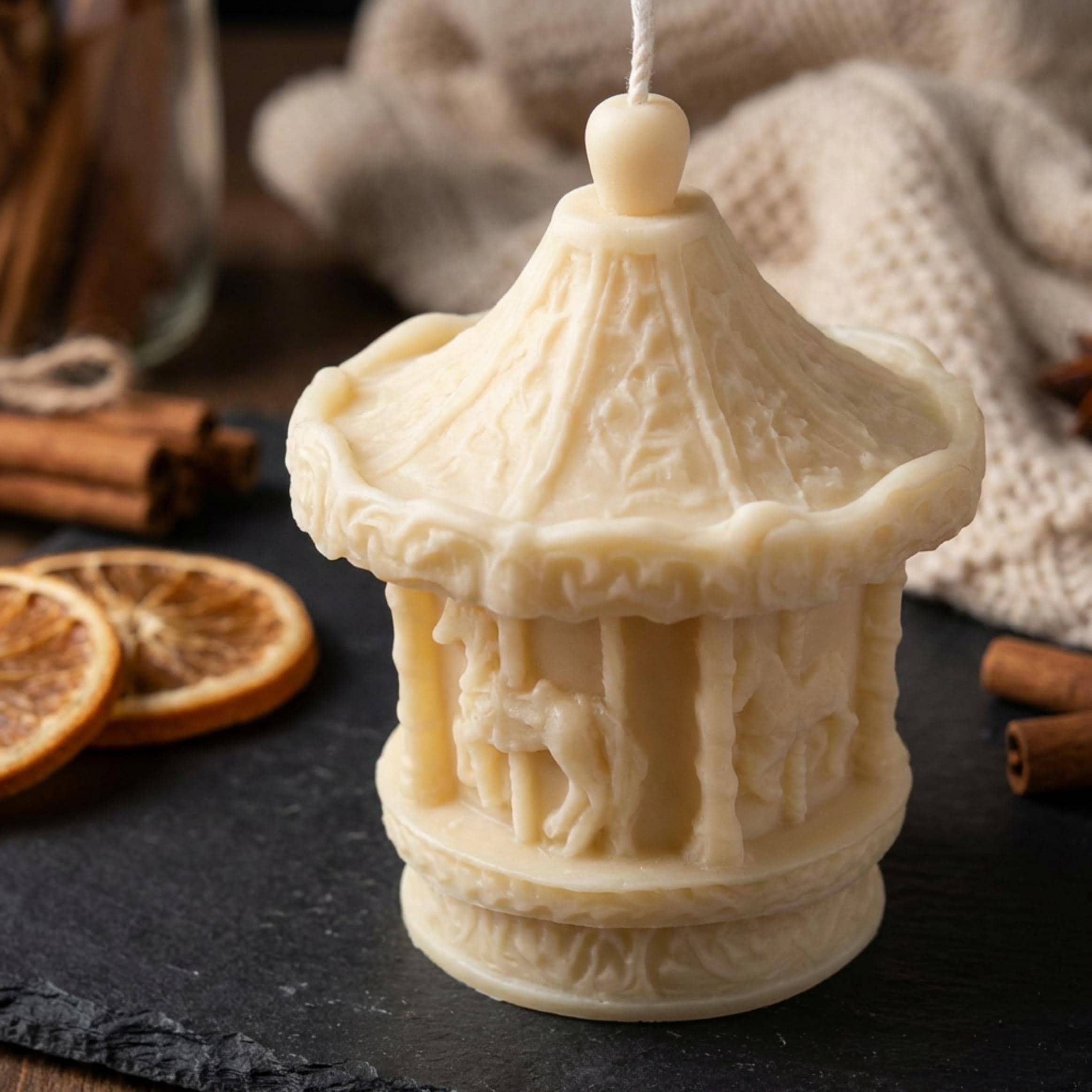 Carousel Candle: Handmade Soy Wax Pillar, Home Decor – unlit display