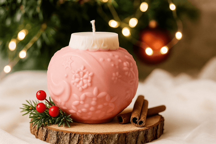 Pink textured candle on a wooden stump with Christmas decorations in the background