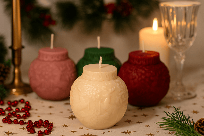Decorative candles in  white, pink, green, and red on a table with a glass and festive background.