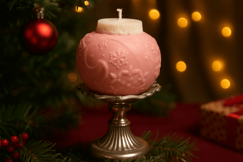 Pink candle on a silver stand with Christmas decorations in the background