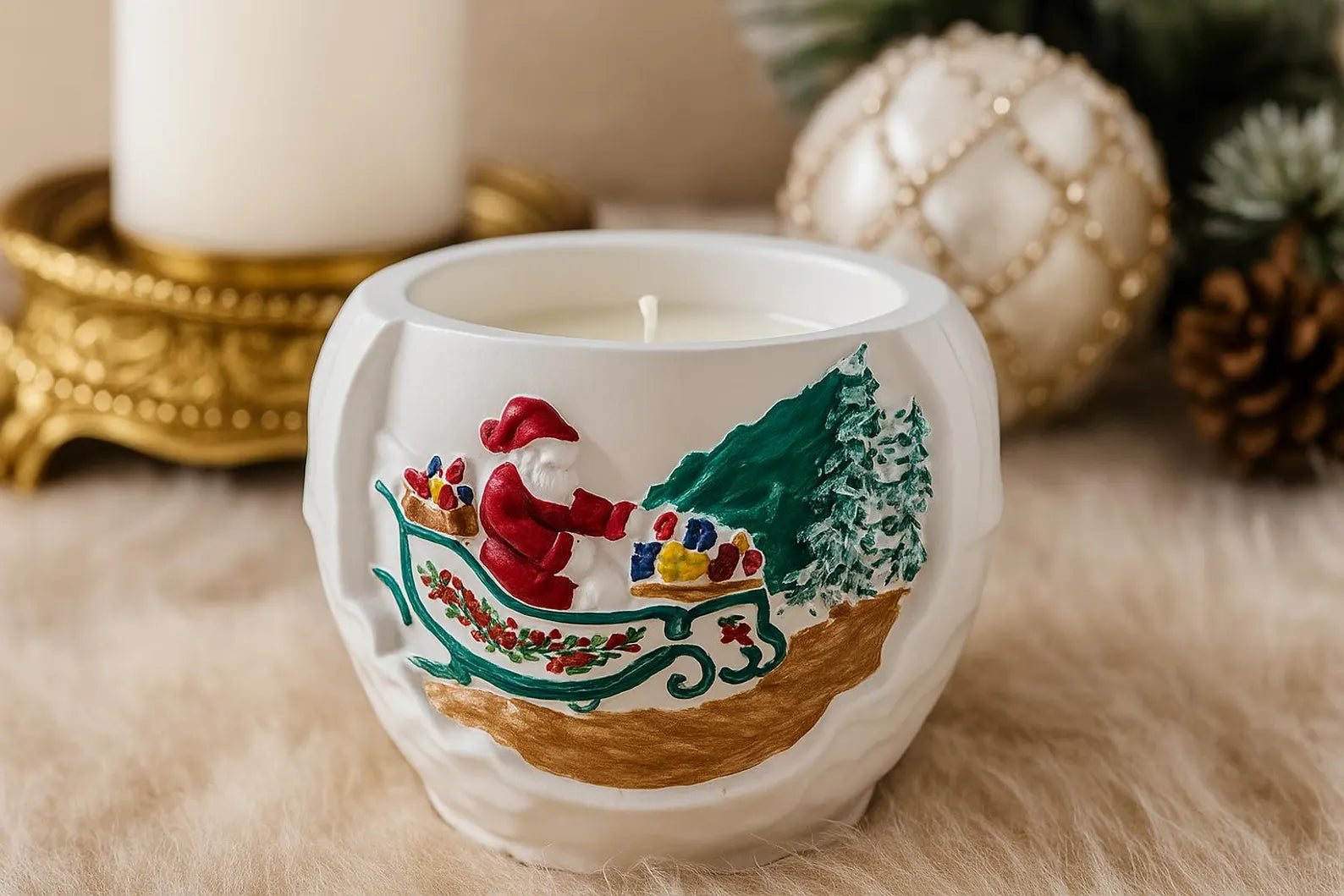 Decorative candle with Santa Claus design on a soft surface with festive decorations.