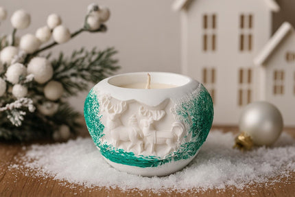 Decorative candle holder with animal designs on a snowy surface with Christmas decorations.