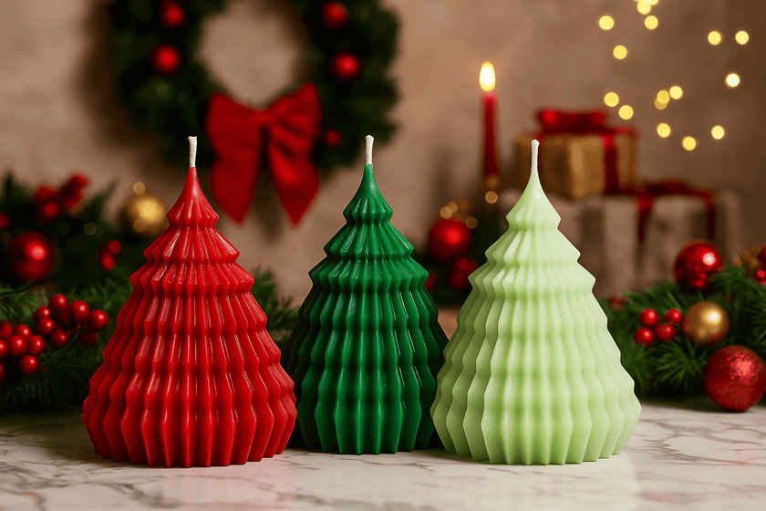 Three Christmas tree-shaped candles in red, green, and white with festive decorations in the background.