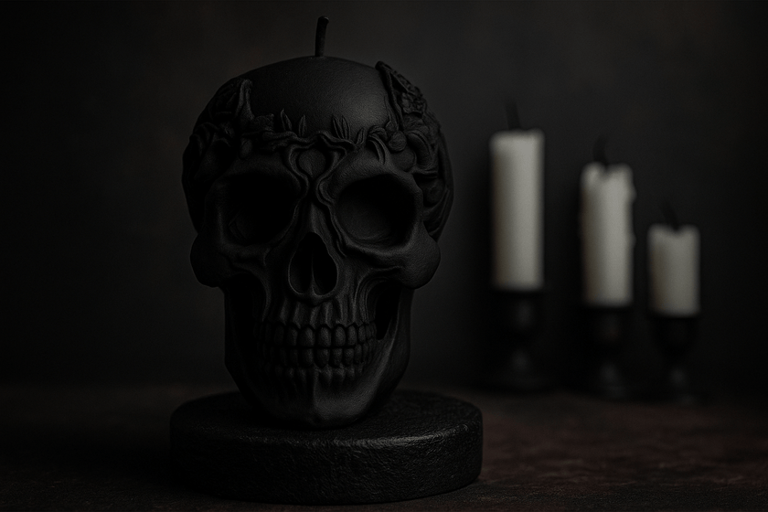 Clean-burning soy wax skull candle for gothic home decor and alternative interior design