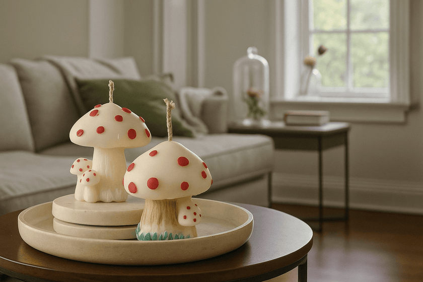 Close-up of whimsical mushroom candle, hand painted in red and green tones using non-toxic wax pigment.