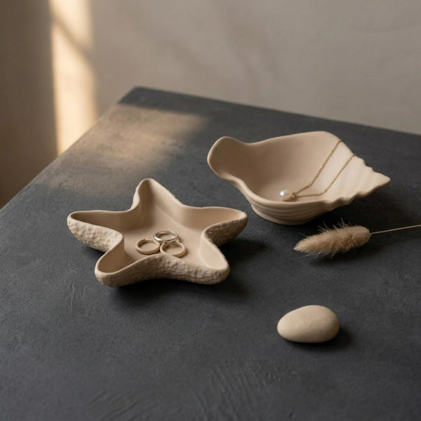 Coastal Jewelry Dish Set, Sea Star Tray, Conch Catchall Tray