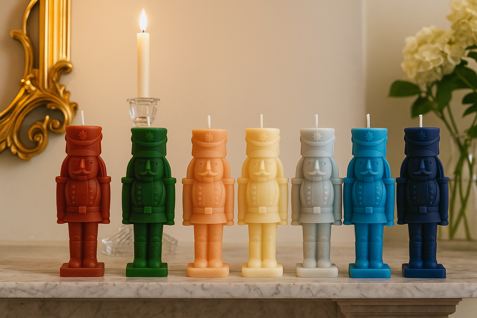 Colorful nutcracker-shaped candles on a marble surface with a decorative mirror and flowers in the background.