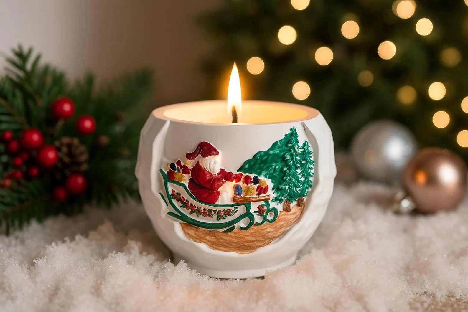 Decorative candle with Santa Claus design in front of a Christmas tree with lights and ornaments.