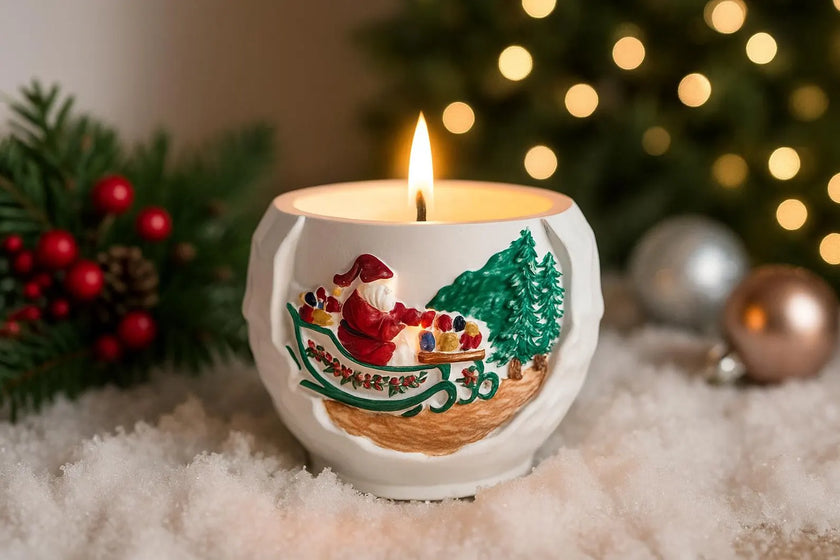 Decorative candle with Santa Claus design in front of a Christmas tree with lights and ornaments.