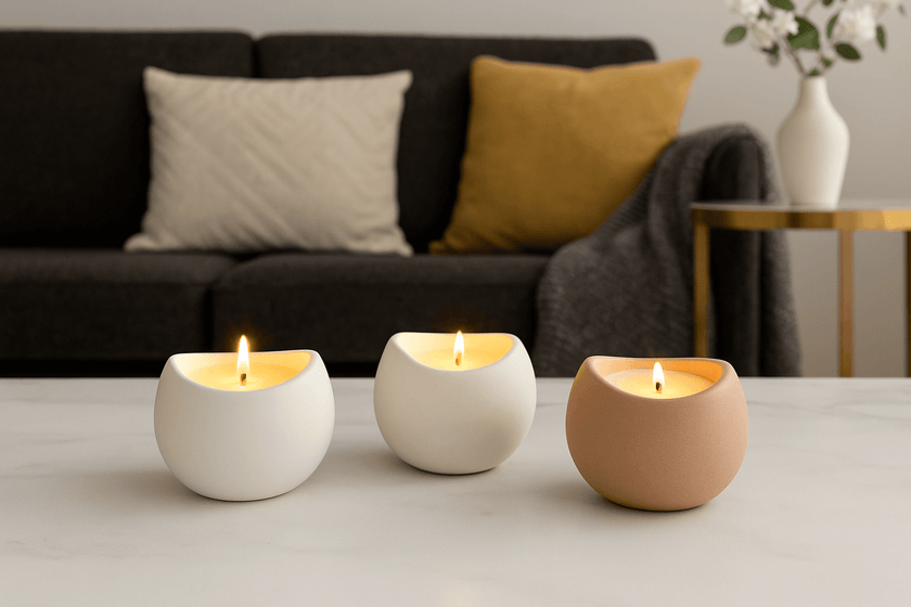 Three small candles in ceramic holders on a table with a living room background.