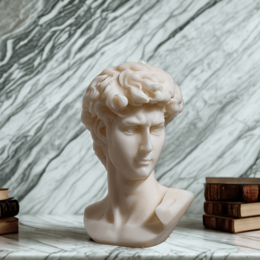 Soy wax candle bust of Michelangelo’s David – artistic and clean-burning sculpture.