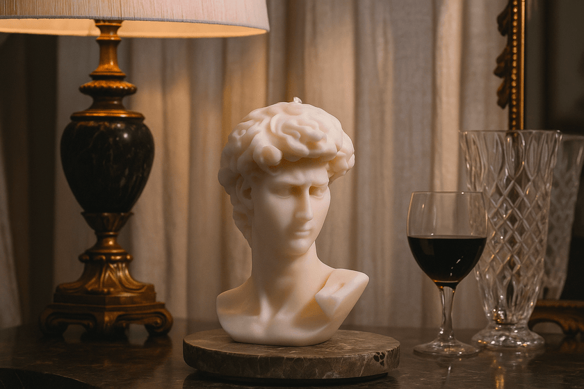 Candle bust of a classical figure, David,  on a table with a lamp, wine glass, and crystal glasses in the background.