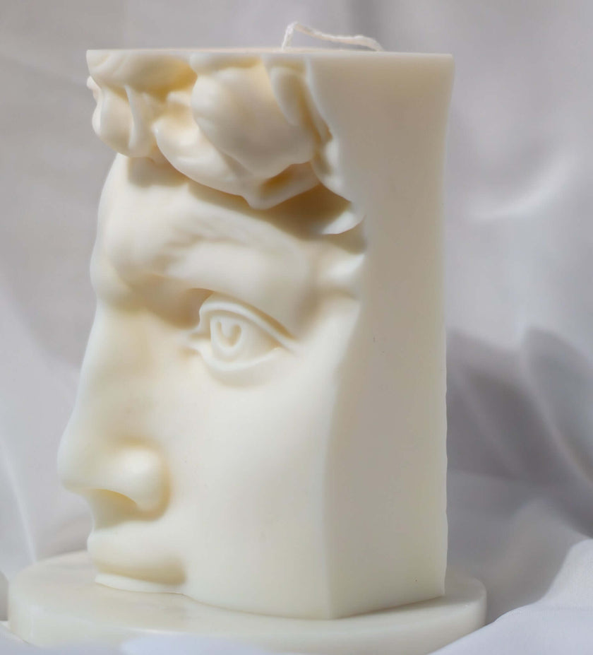 David Face Candle, sculptural soy wax bust, inspired by classical sculpture, featuring clean lines and timeless design.