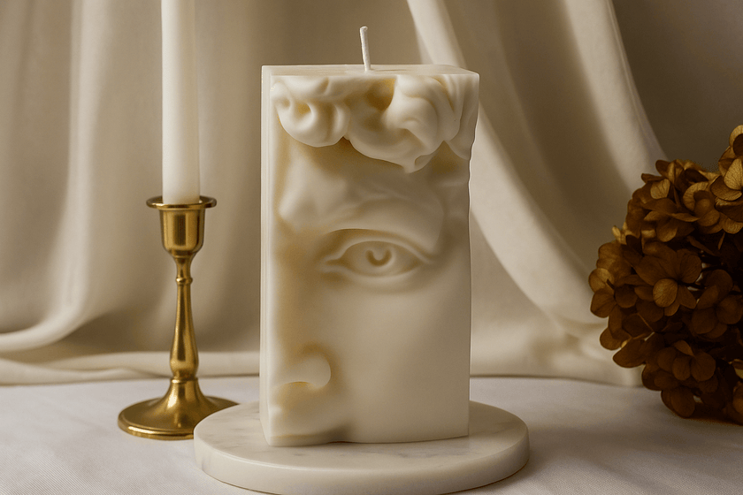 Decorative candle with face design on a marble base, next to a gold candlestick and pine cone.
