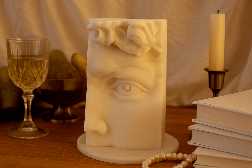Decorative candle shaped like a face with a glass of wine, books, and a candle in the background.